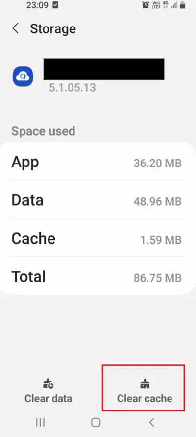 Android storage settings showing app, data and cache sizes