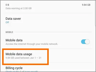 Android mobile data usage settings screen