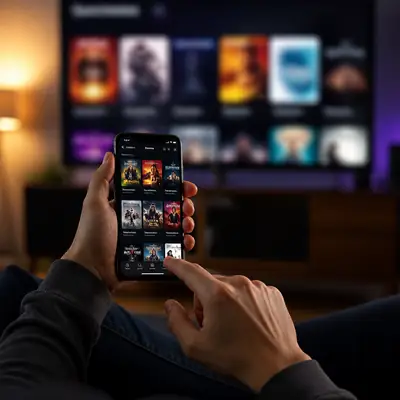 Person holding a smartphone with a streaming interface in front of TVs